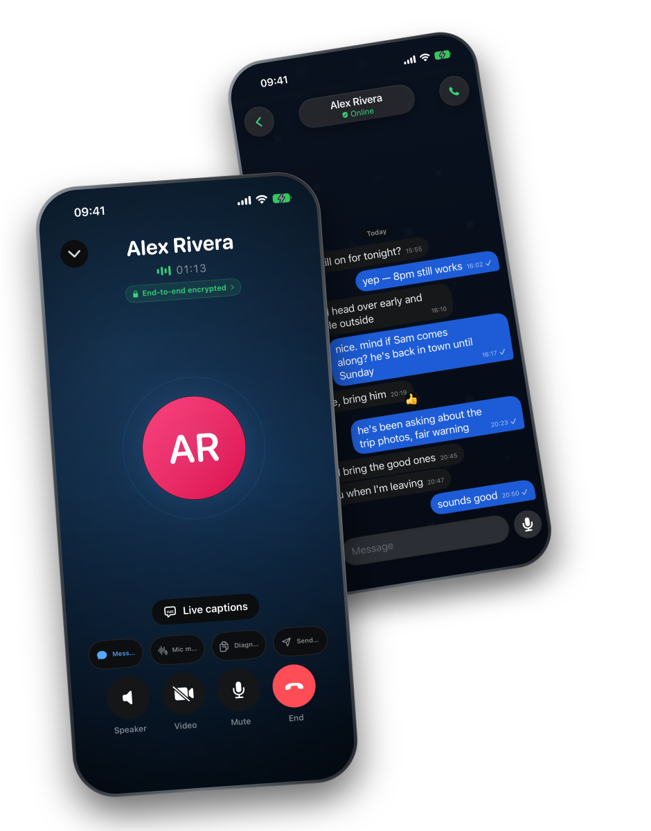 Two iPhones running Auris: an encrypted call with Alex Rivera showing an end-to-end encrypted badge, and their conversation behind it.
