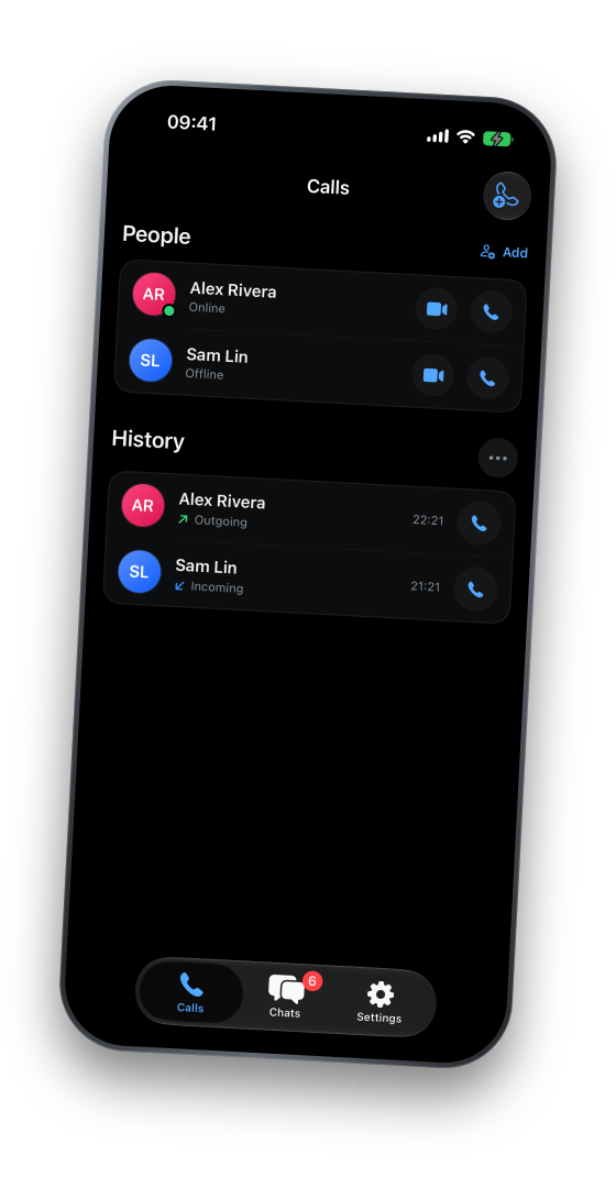 The Auris calls screen, listing two people and a short call history.