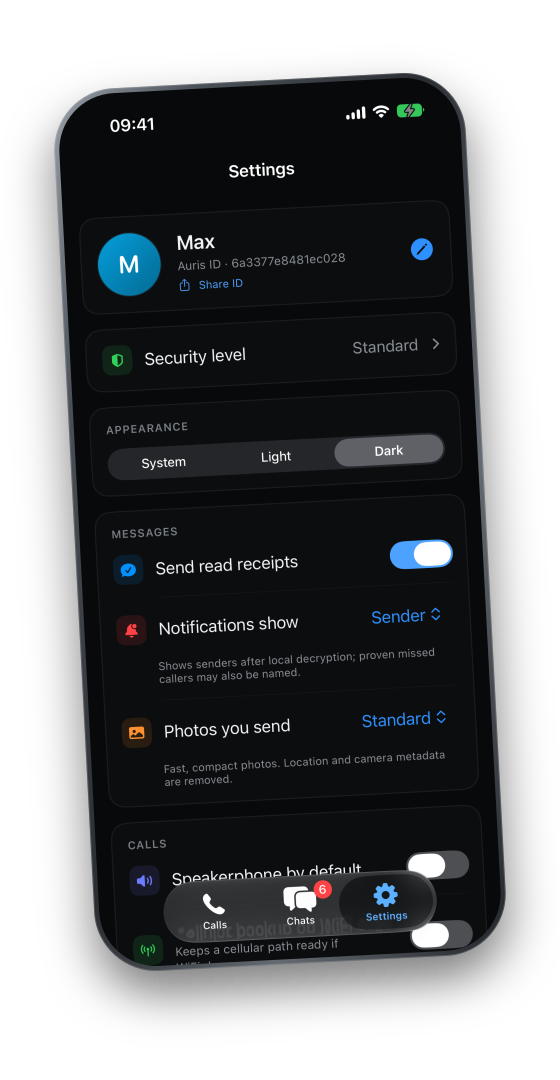 Auris settings, showing a random Auris ID, a share button, and the security level control.